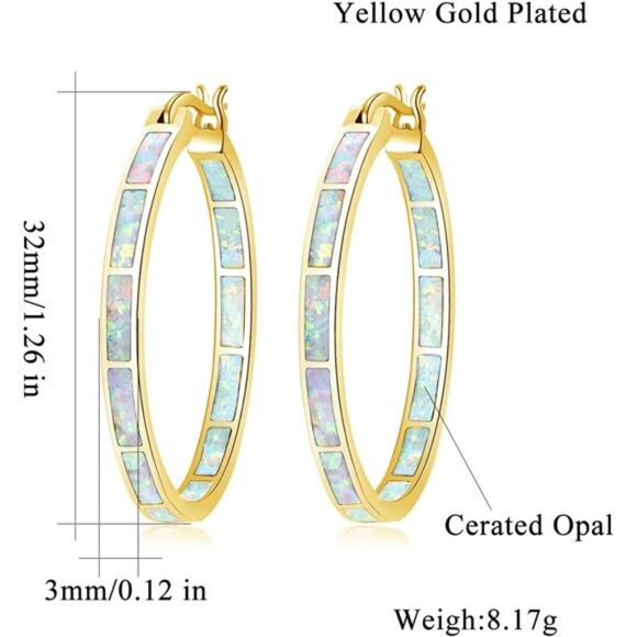 White Opal Hoop Earrings Gold Plated 32mm Gemstone Hoop Jewelry Gift for Women - Picture 3 of 7